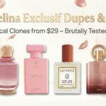 Pink Delina Exclusif bottle surrounded by rose petals and clones like Amber Oud Ruby – best Delina dupes ranked