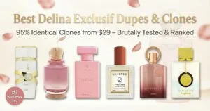 Pink Delina Exclusif bottle surrounded by rose petals and clones like Amber Oud Ruby – best Delina dupes ranked