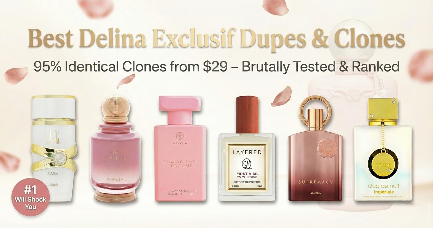 Pink Delina Exclusif bottle surrounded by rose petals and clones like Amber Oud Ruby – best Delina dupes ranked