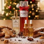 Featured image: 7 best gingerbread perfume dupes under $40 arranged in a cozy Christmas flat-lay with Demeter Gingerbread cologne spray, Bath & Body Works Jolly Gingerbread Village mist, fragrance oils, fresh-baked gingerbread cookies, cinnamon sticks, cloves, star anise, and powdered sugar on a warm wooden table
