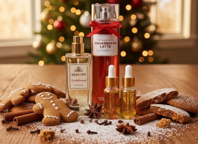 7 Best Gingerbread Perfume Dupes That Actually Smell Like Fresh-Baked Christmas Cookies (All Under $40) 126 Featured image: 7 best gingerbread perfume dupes under $40 arranged in a cozy Christmas flat-lay with Demeter Gingerbread cologne spray, Bath & Body Works Jolly Gingerbread Village mist, fragrance oils, fresh-baked gingerbread cookies, cinnamon sticks, cloves, star anise, and powdered sugar on a warm wooden table