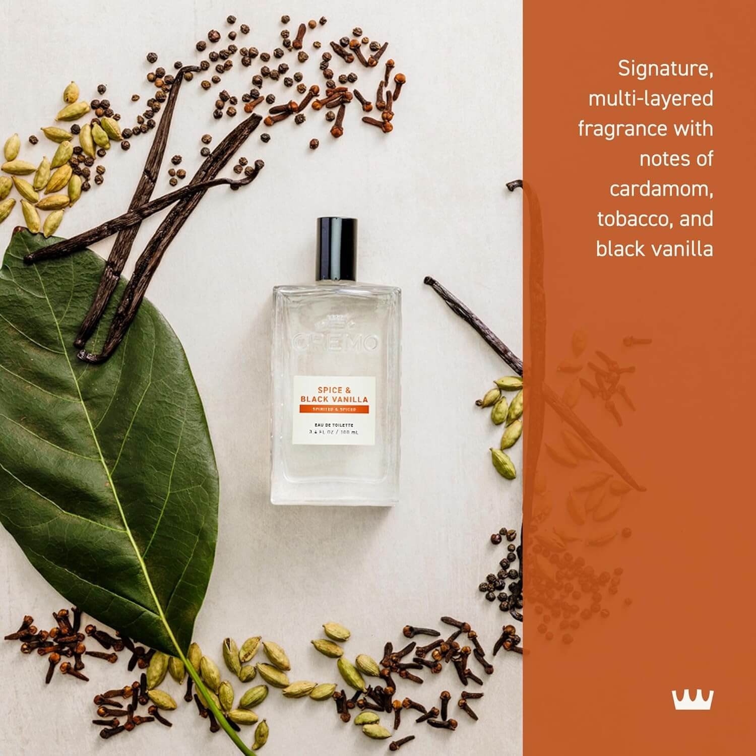 Cremo Spice & Black Vanilla cologne bottle - sleek silver and black design