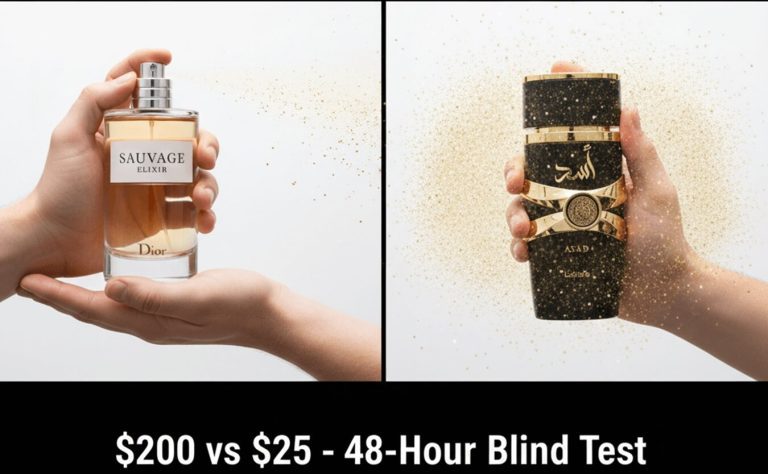 Two arms wearing Dior Sauvage Elixir and Lattafa Asad – 48-hour head-to-head test results
