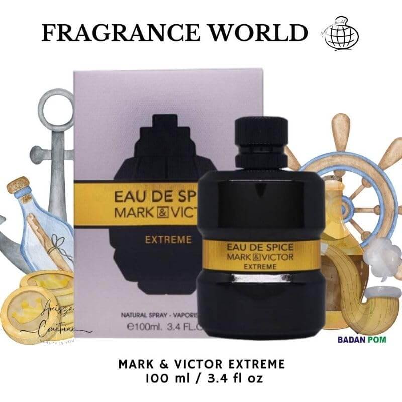 Fragrance World Mark & Victor Eau De Spice Extreme bottle - dark grenade-shaped bottle with gold accents