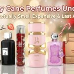 Seven perfume bottles including pink Lattafa Yara Moi arranged with candy canes and vanilla beans – best Candy Cane perfumes dupes under $45