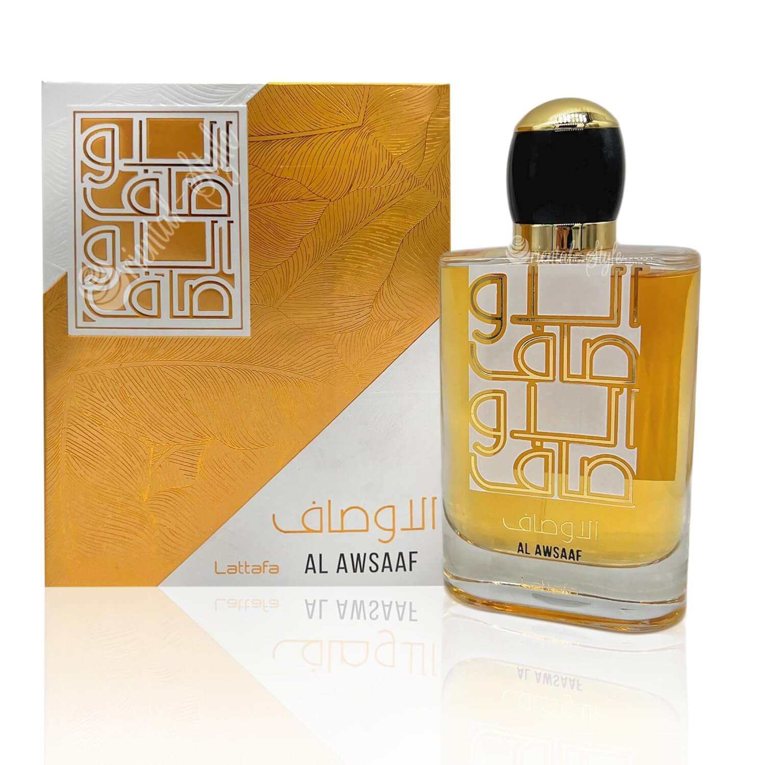 Lattafa Al Awsaaf bottle - luxurious black and gold design with intricate detailing