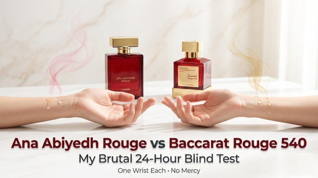 Ana Abiyedh Rouge vs Baccarat Rouge 540 brutal blind test comparison featured image – two perfume bottles side by side on light background