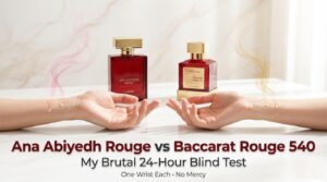 Ana Abiyedh Rouge vs Baccarat Rouge 540 brutal blind test comparison featured image – two perfume bottles side by side on light background