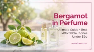 Horizontal featured image with fresh bergamot fruits, luxury perfume bottles, and pink accents for ultimate bergamot in perfume guide