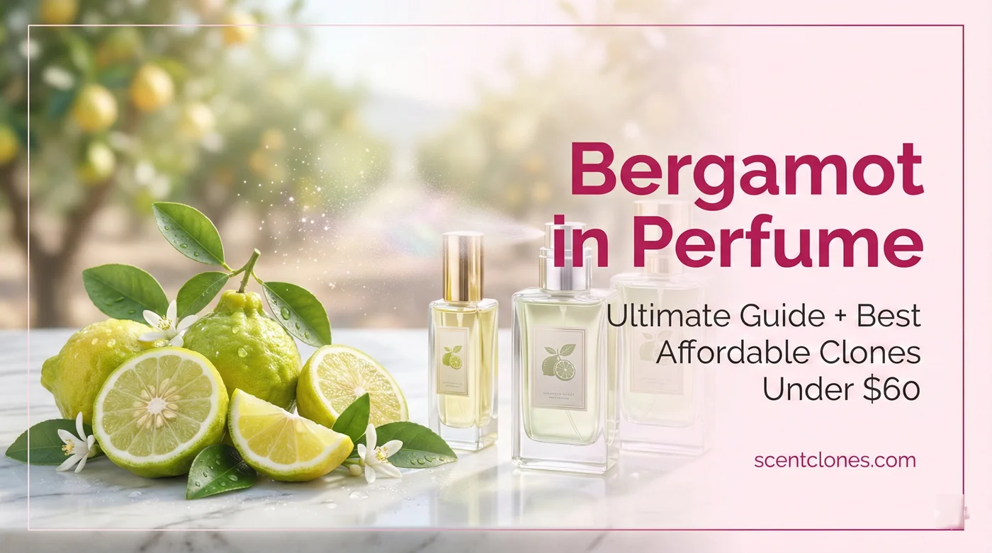 Horizontal featured image with fresh bergamot fruits, luxury perfume bottles, and pink accents for ultimate bergamot perfume guide