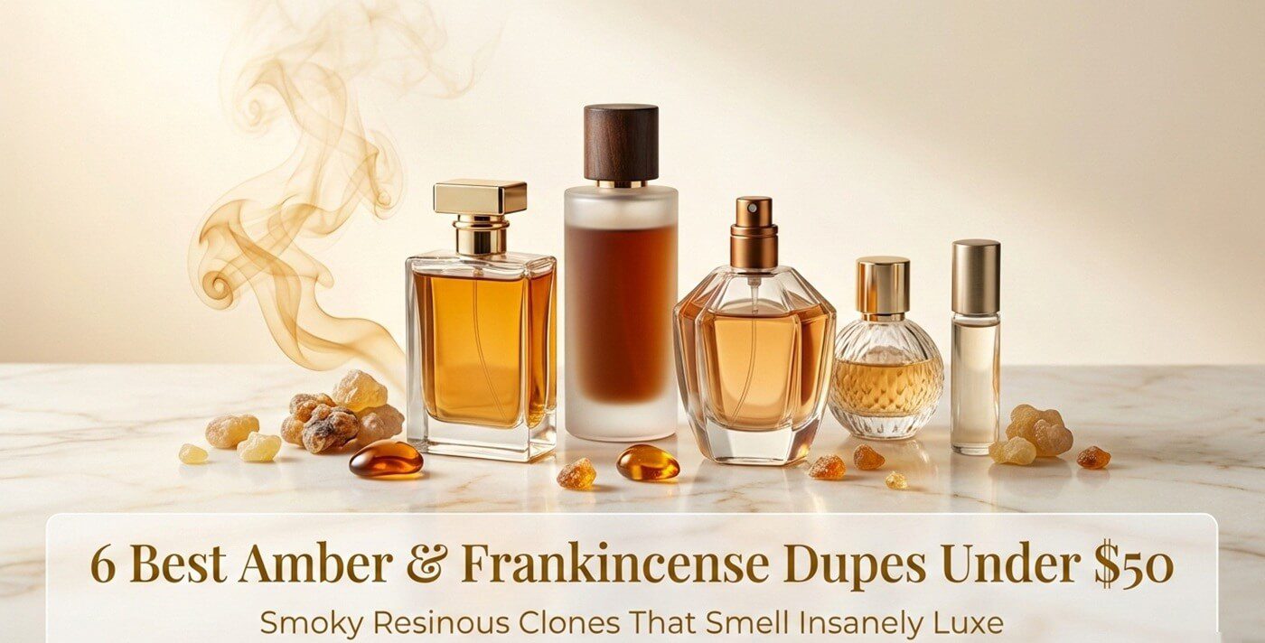 6 Best Amber Frankincense Dupes Under $50 – luxurious perfume bottles with subtle amber smoke and frankincense resins on light background