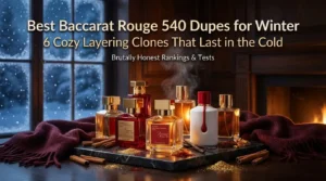 Cozy winter perfume bottles with amber glow and snow background – featured image for best Baccarat Rouge 540 dupes for winter guide