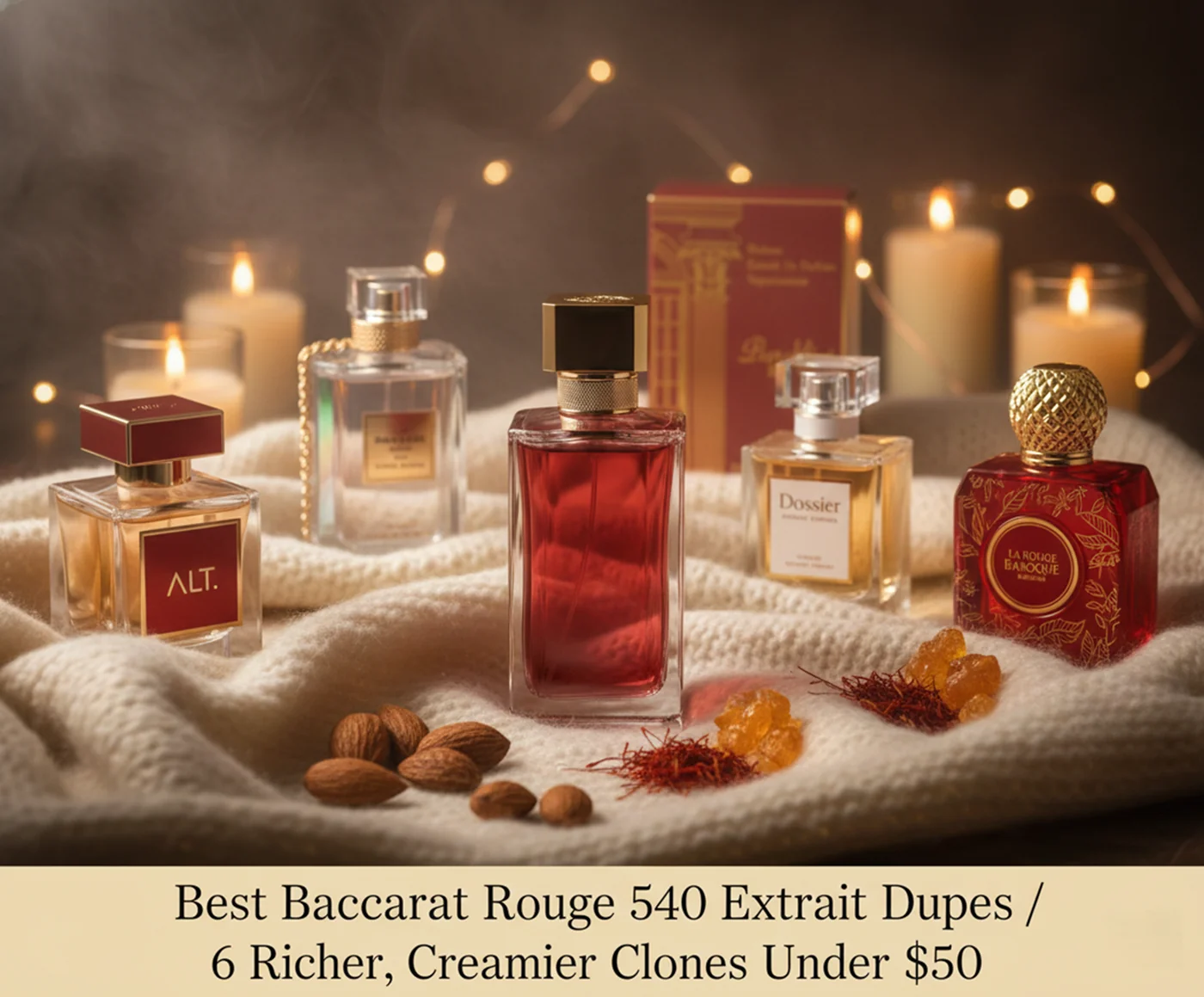 Best Baccarat Rouge 540 Extrait dupes featured image – luxurious red crystal perfume bottle with cozy winter amber and cashmere elements representing richer, creamier affordable clones under $50
