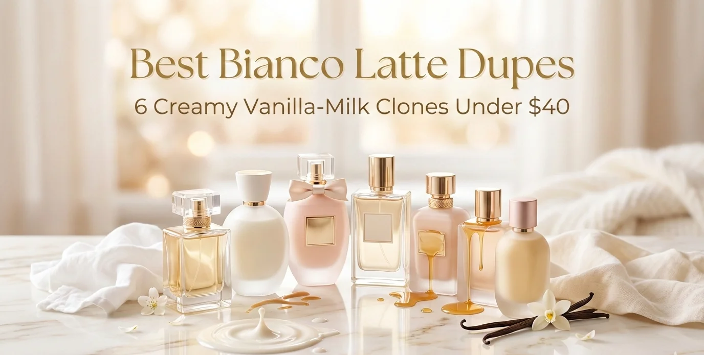 Best Bianco Latte dupes featured image – elegant arrangement of creamy vanilla-milk perfume bottles with caramel and honey accents on light luxurious background