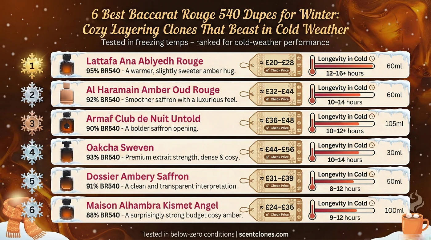 Infographic: 6 Best Baccarat Rouge 540 Dupes for Winter – ranked for cold-weather performance