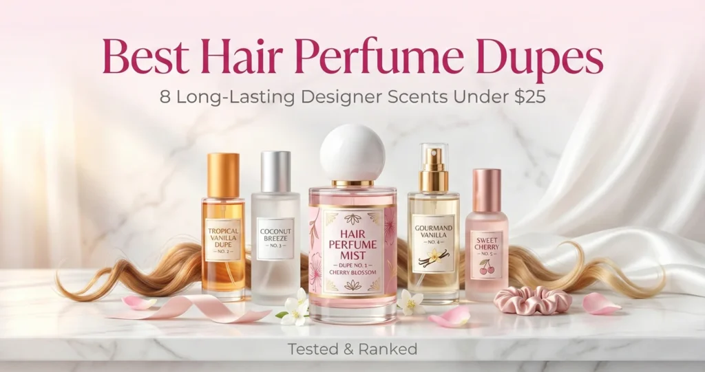 Best Hair Perfume Dupes: 8 Long-Lasting Designer Scents for Hair Under $25 1 Best Hair Perfume Dupes featured image – 8 long-lasting affordable designer-inspired hair mists under $25 on light pink marble background