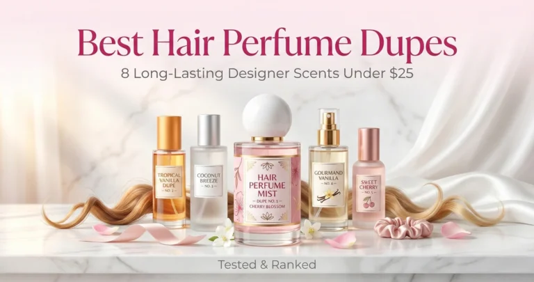Best Hair Perfume Dupes: 8 Long-Lasting Designer Scents for Hair Under $25 146 Best Hair Perfume Dupes featured image – 8 long-lasting affordable designer-inspired hair mists under $25 on light pink marble background