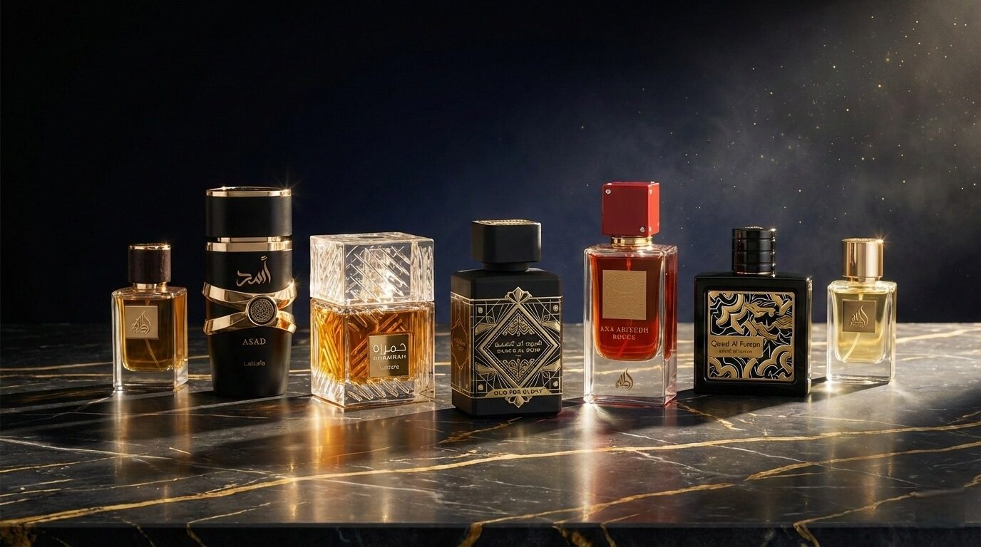 Luxurious arrangement of best lattafa perfumes bottles including Asad, Khamrah, and Bade’e Al Oud Oud for Glory on a dark marble background