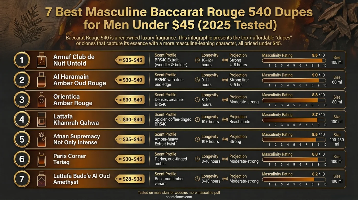 Comparison chart of the 7 best masculine Baccarat Rouge 540 dupes for men under $45 with rankings and masculinity ratings