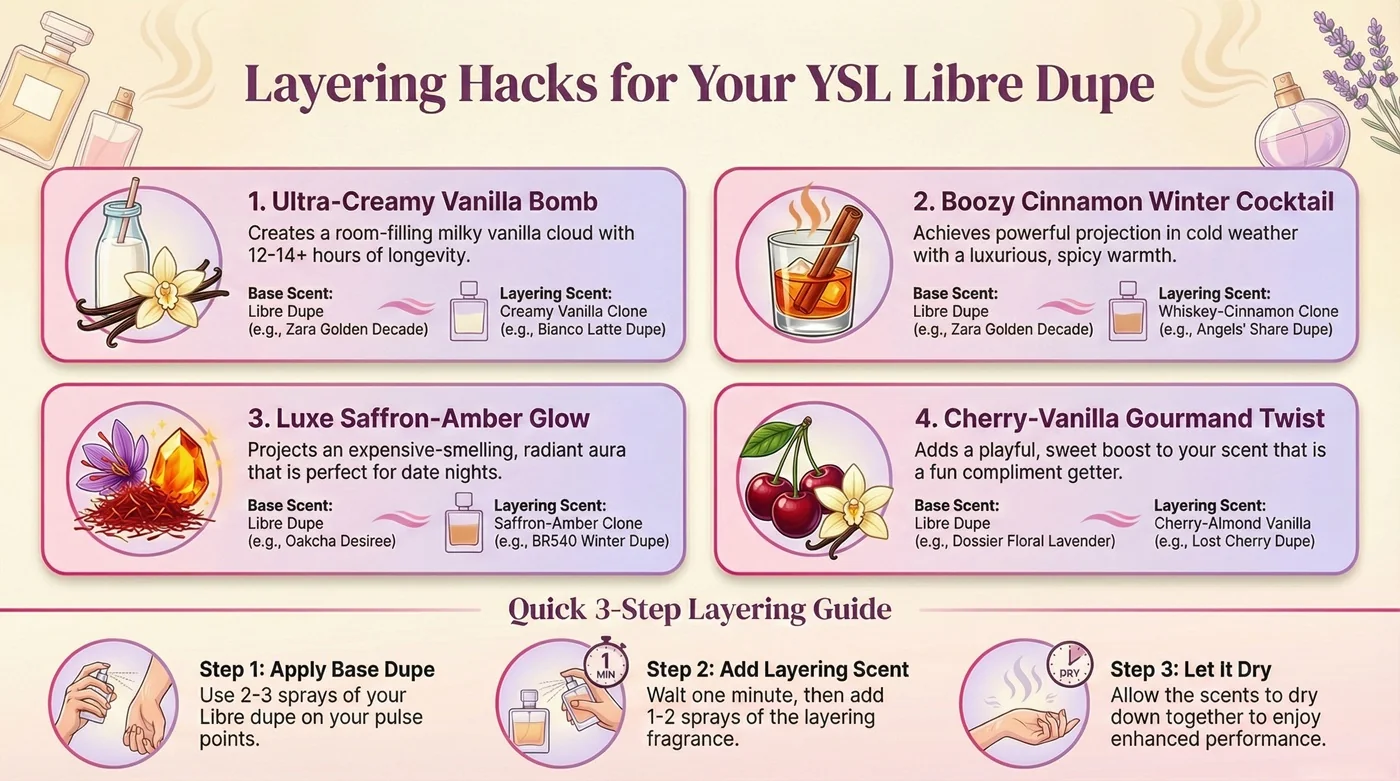Infographic: Best layering hacks to maximize creaminess and projection with YSL Libre dupes