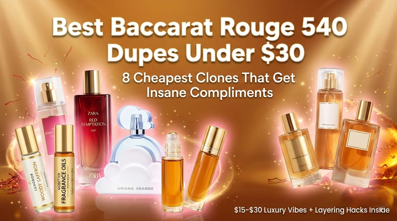 Best Baccarat Rouge 540 dupes under $30 featured image – collage of affordable perfume oils and mists with luxurious amber glow and text overlay