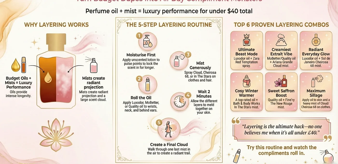 Baccarat Rouge 540 dupes under $30 layering infographic – ultimate oil + mist routine for all-day compliments