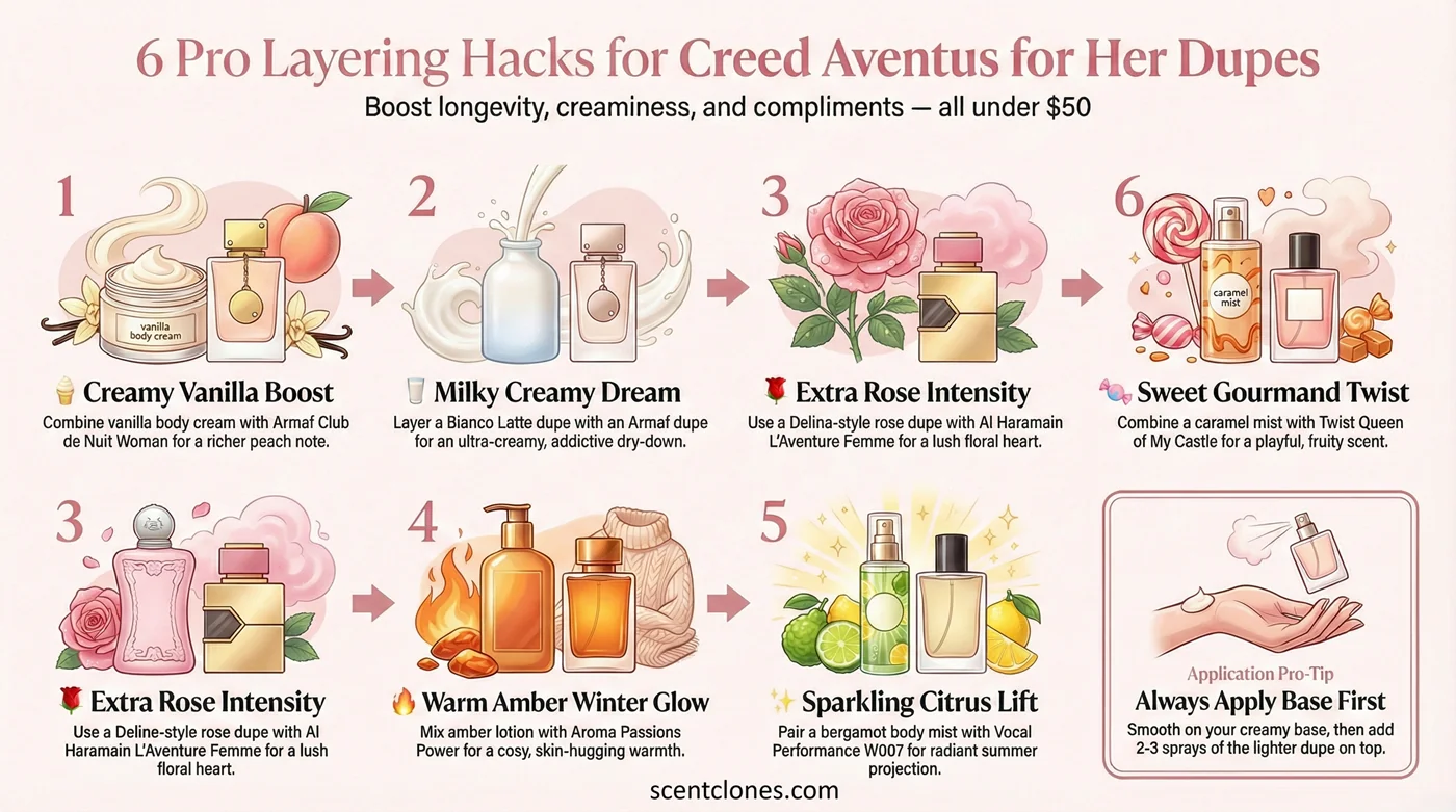 Infographic: 6 pro layering hacks to boost your Creed Aventus for Her dupe (vanilla, rose, amber, citrus, milky, gourmand)
