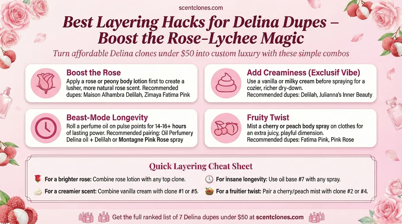Best layering hacks for Delina dupes under $50 – boost rose-lychee magic infographic