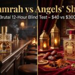 Khamrah vs Angels’ Share side-by-side blind test: Lattafa Khamrah bottle on the right with spices and dates, Kilian Angels’ Share on the left with cognac glass