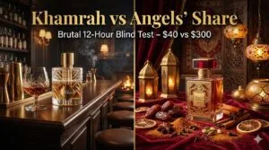 Khamrah vs Angels’ Share side-by-side blind test: Lattafa Khamrah bottle on the right with spices and dates, Kilian Angels’ Share on the left with cognac glass