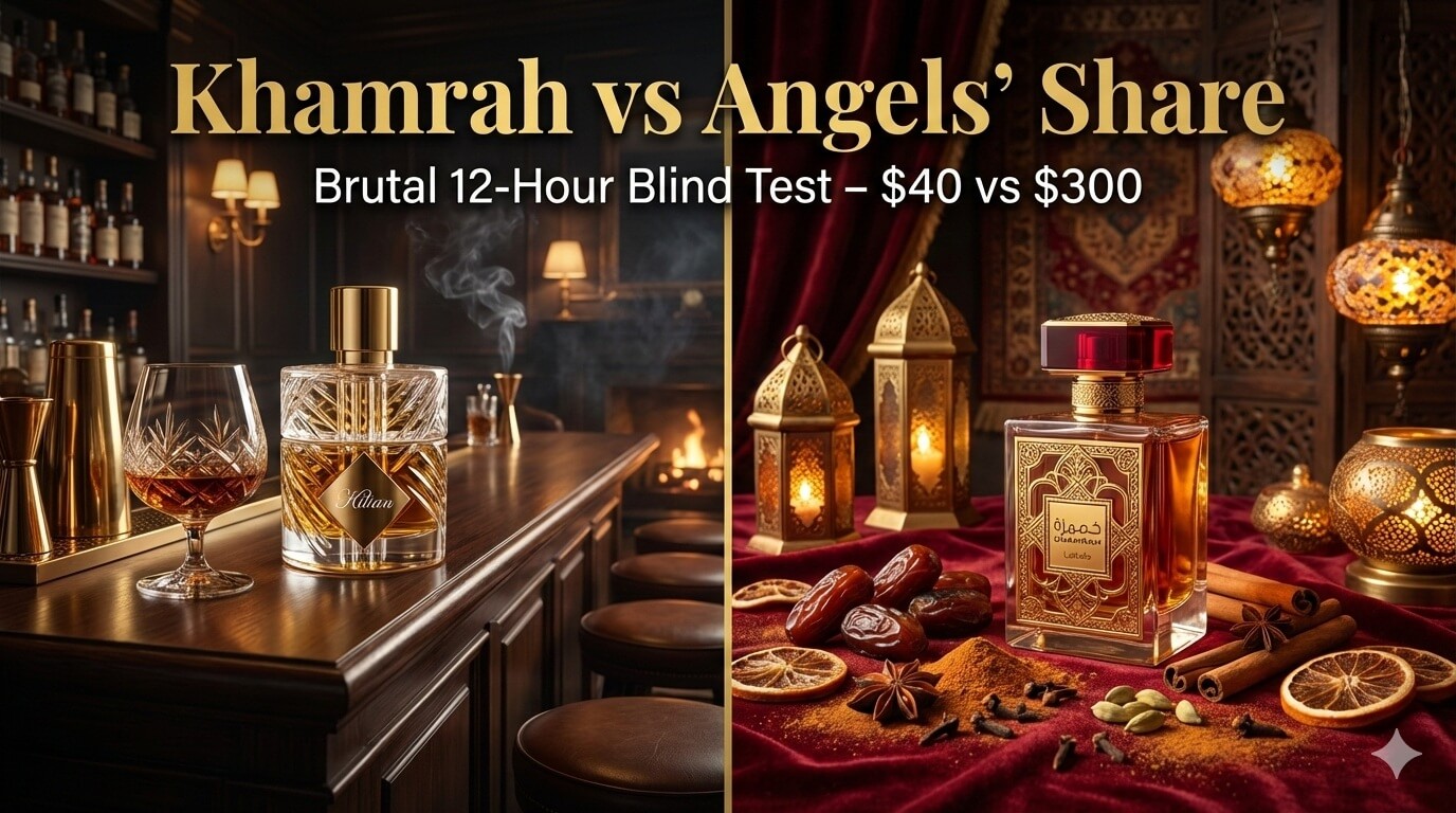 Khamrah vs Angels’ Share side-by-side blind test: Lattafa Khamrah bottle on the right with spices and dates, Kilian Angels’ Share on the left with cognac glass