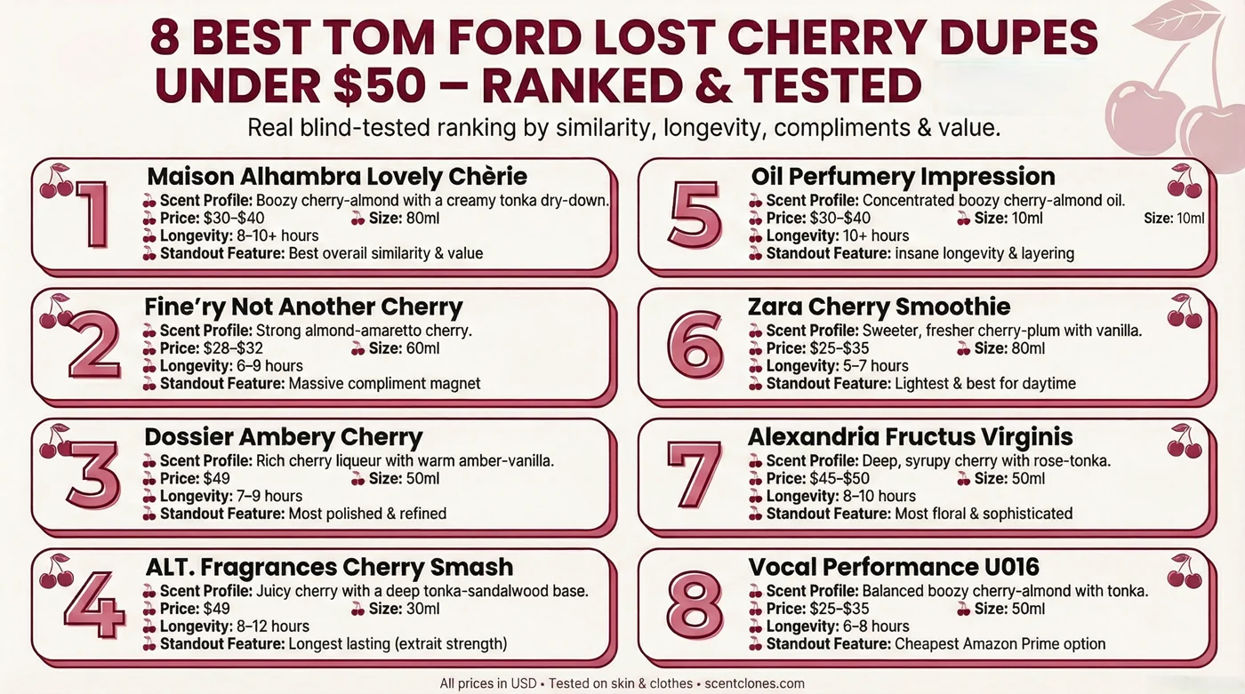 Comparison infographic of the 8 best Tom Ford Lost Cherry dupes under $50 – ranked by similarity, price, longevity, and performance