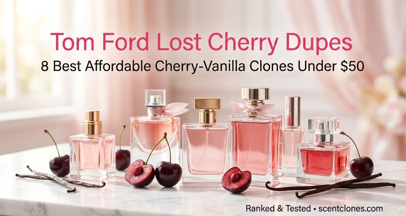 Light-themed featured image with perfume bottles and fresh cherries for Tom Ford Lost Cherry dupes post – 8 best affordable cherry-vanilla clones under $50