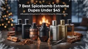 7 affordable Spicebomb Extreme dupes under $45 arranged with cinnamon sticks and tobacco leaves on a dark festive background