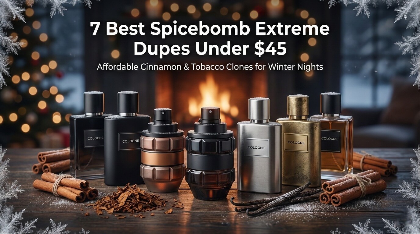 7 affordable Spicebomb Extreme dupes under $45 arranged with cinnamon sticks and tobacco leaves on a dark festive background