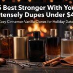 5 best Stronger With You Intensely dupes under $40 – cozy cinnamon vanilla clones with perfume bottles, cinnamon sticks, and chestnuts on a warm holiday background