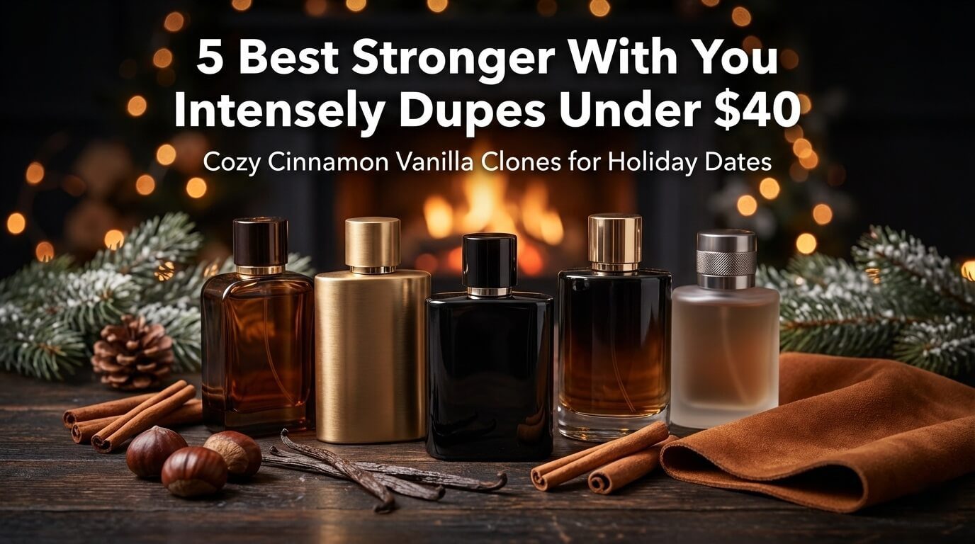 5 best Stronger With You Intensely dupes under $40 – cozy cinnamon vanilla clones with perfume bottles, cinnamon sticks, and chestnuts on a warm holiday background