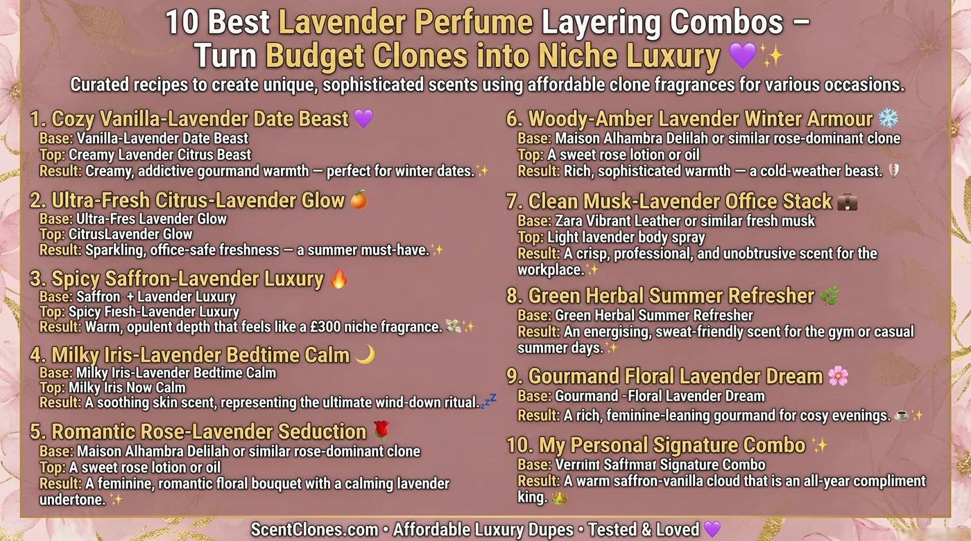 10 best lavender perfume layering combos infographic – turn affordable clones under $60 into niche luxury scents with vanilla, saffron, bergamot and more