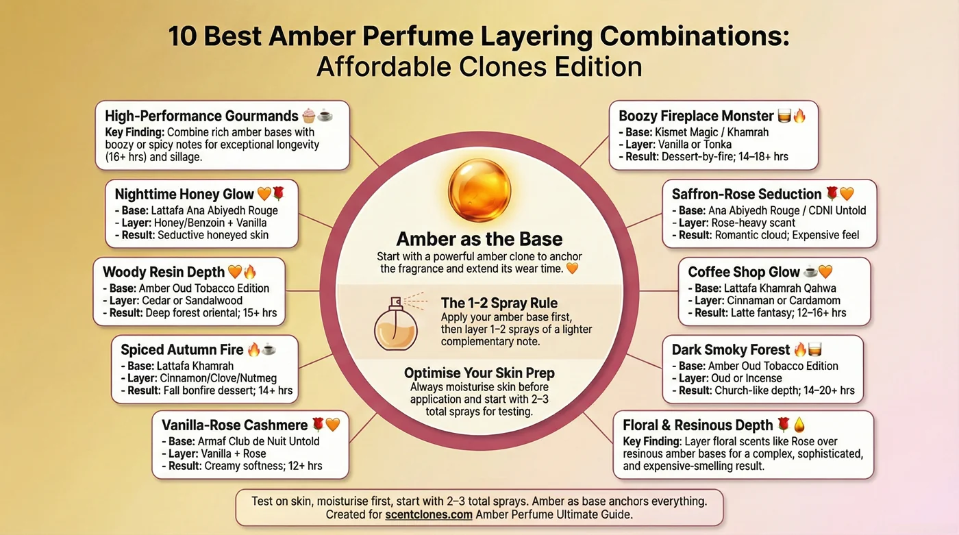 Infographic wheel showing 10 best amber perfume layering combinations using affordable clones under $60, with amber as the base note and suggested top layers like vanilla, rose, oud, coffee, whiskey, and more