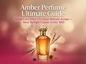 Featured image of a luxurious glowing amber perfume bottle with warm golden liquid, rose-pink gradient background, text overlay: Amber Perfume Ultimate Guide – Smell Like Clive Christian Blonde Amber – Best Budget Dupes Under $60