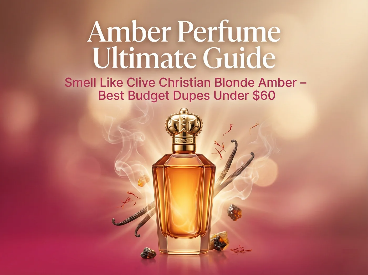Featured image of a luxurious glowing amber perfume bottle with warm golden liquid, rose-pink gradient background, text overlay: Amber Perfume Ultimate Guide – Smell Like Clive Christian Blonde Amber – Best Budget Dupes Under $60