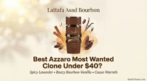 Light-themed featured image for Lattafa Asad Bourbon review – elegant perfume bottle with cinnamon, cacao, and vanilla elements, soft amber-gold background