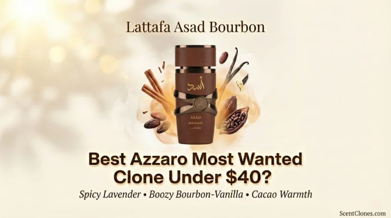 Lattafa Asad Bourbon Review: Best Azzaro Most Wanted Clone Under $40? 113 Light-themed featured image for Lattafa Asad Bourbon review – elegant perfume bottle with cinnamon, cacao, and vanilla elements, soft amber-gold background