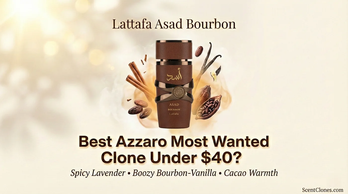 Light-themed featured image for Lattafa Asad Bourbon review – elegant perfume bottle with cinnamon, cacao, and vanilla elements, soft amber-gold background