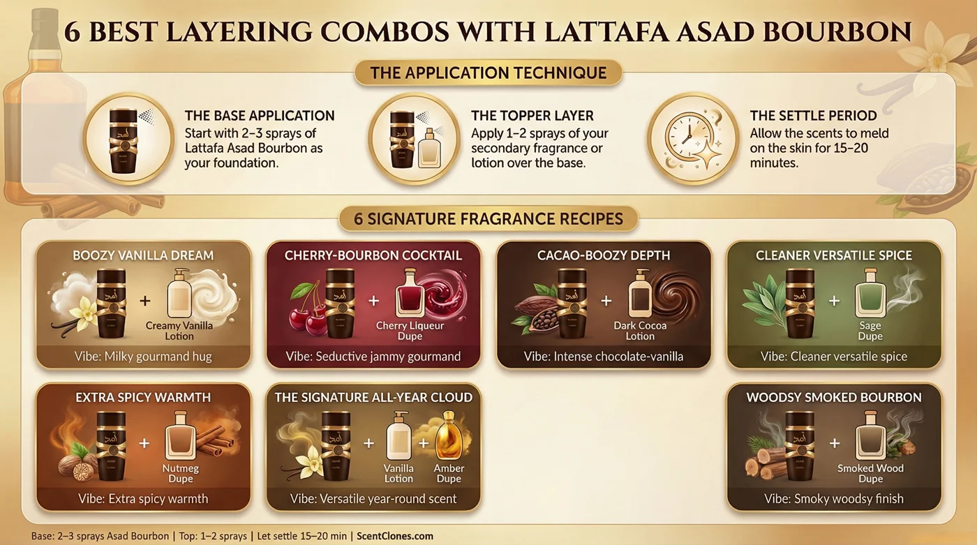 Infographic showing 8 best layering combinations for Lattafa Asad Bourbon perfume with base notes, topper suggestions, and scent results