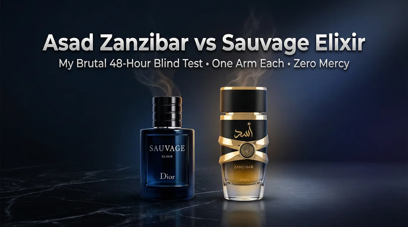 Lattafa Asad Zanzibar vs Dior Sauvage Elixir featured image – side-by-side bottles in dramatic luxury comparison for brutal 48-hour blind test