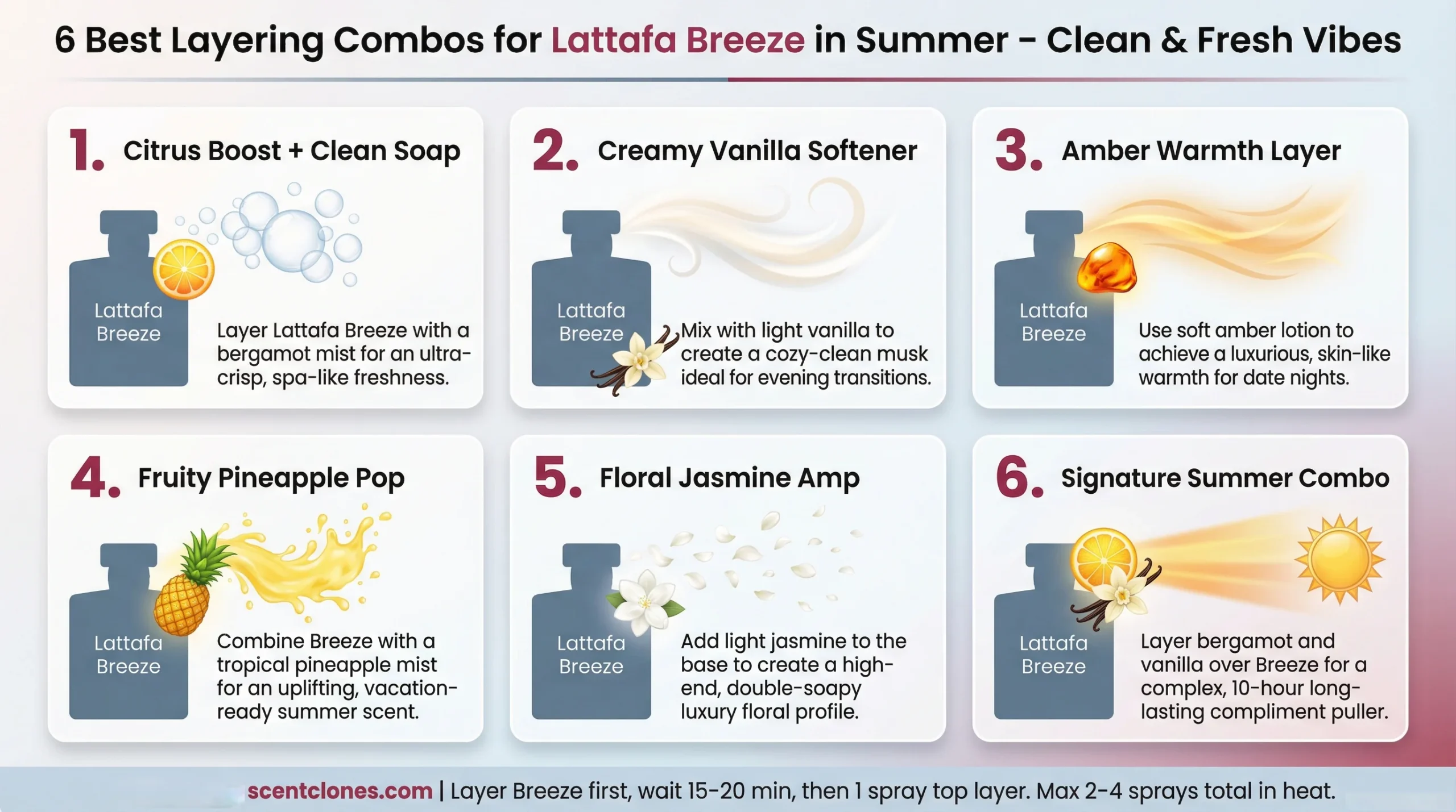 Infographic showing 6 best layering combinations for Lattafa Breeze perfume in summer – clean fresh scents with citrus, vanilla, amber, pineapple, jasmine and signature combo