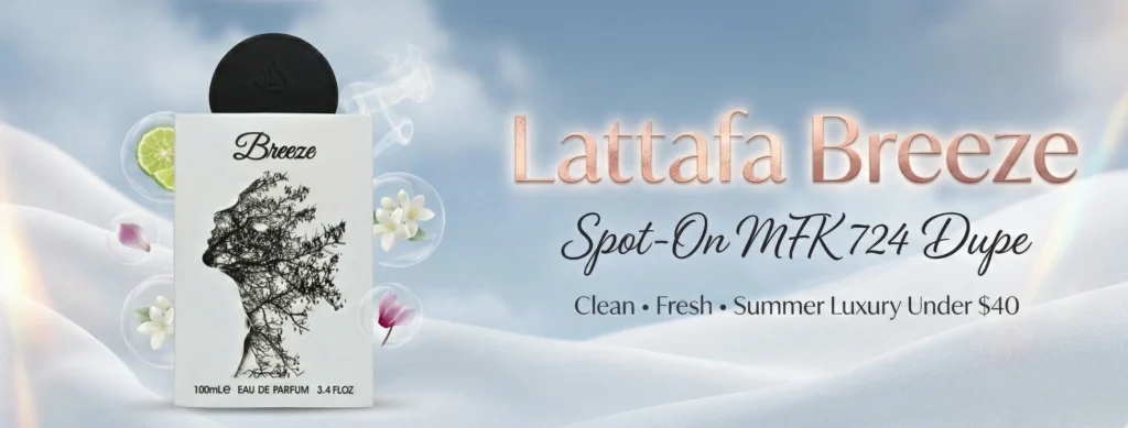 Lattafa Breeze Review: Spot-On MFK 724 Dupe That's Insanely Clean & Fresh for Summer (Brutal Honest Test) 1 Lattafa Breeze perfume bottle featured image – affordable clean fresh dupe for MFK 724 with summer luxury aesthetic