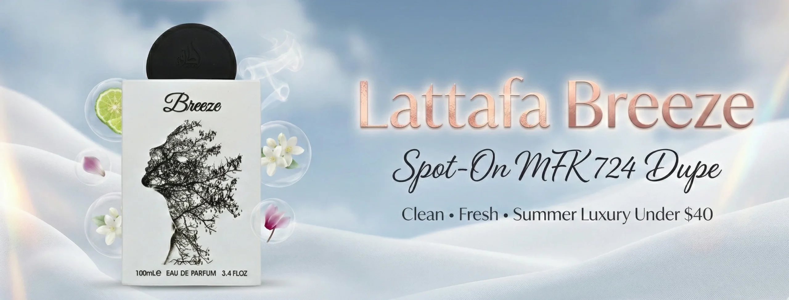 Lattafa Breeze perfume bottle featured image – affordable clean fresh dupe for MFK 724 with summer luxury aesthetic