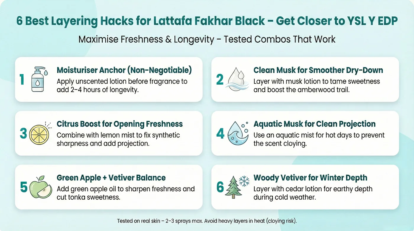 Infographic: 6 best layering hacks for Lattafa Fakhar Black to maximize freshness and longevity – tested combos to get closer to YSL Y EDP